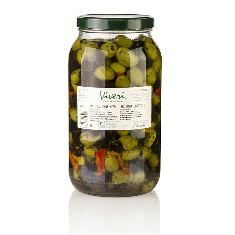 Olivblandning, gröna & svarta oliver, urkärnade, pikant inlagda, Viveri, 3 kg