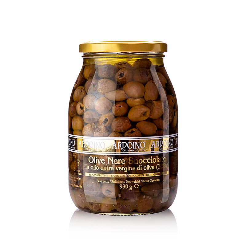 Svarta oliver, urkärnade (Snocciolate), i olivolja, Ardoino, 930 g