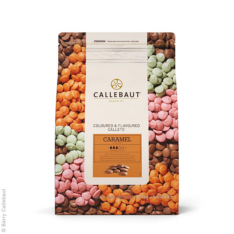Callebaut Aromatiserad dekorationsmassa – karamell, callets, 2,5 kg