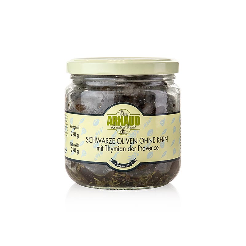Svarta oliver, urkärnade, med timjan, i solrosolja, Arnaud, 220 g