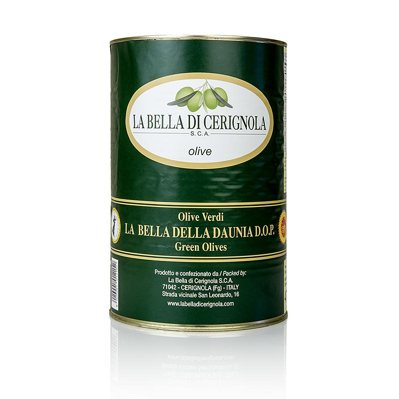 Gröna jätteoliver, med kärna, "Bella di Cerignola", i lak, 4,25 kg