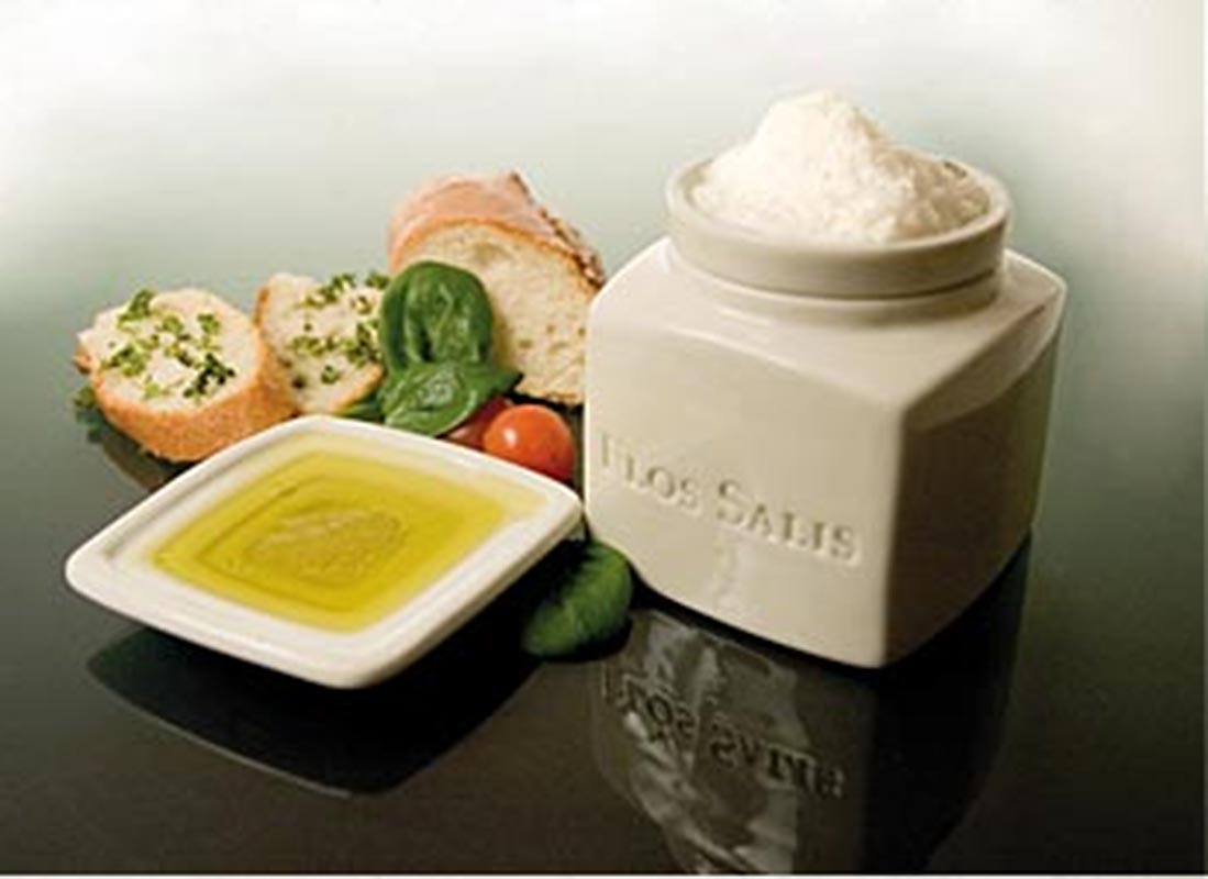 Bords-saltkar "Flos Salis®", stort, Flor de Sal-urval & olivoljedippskål, 225 g