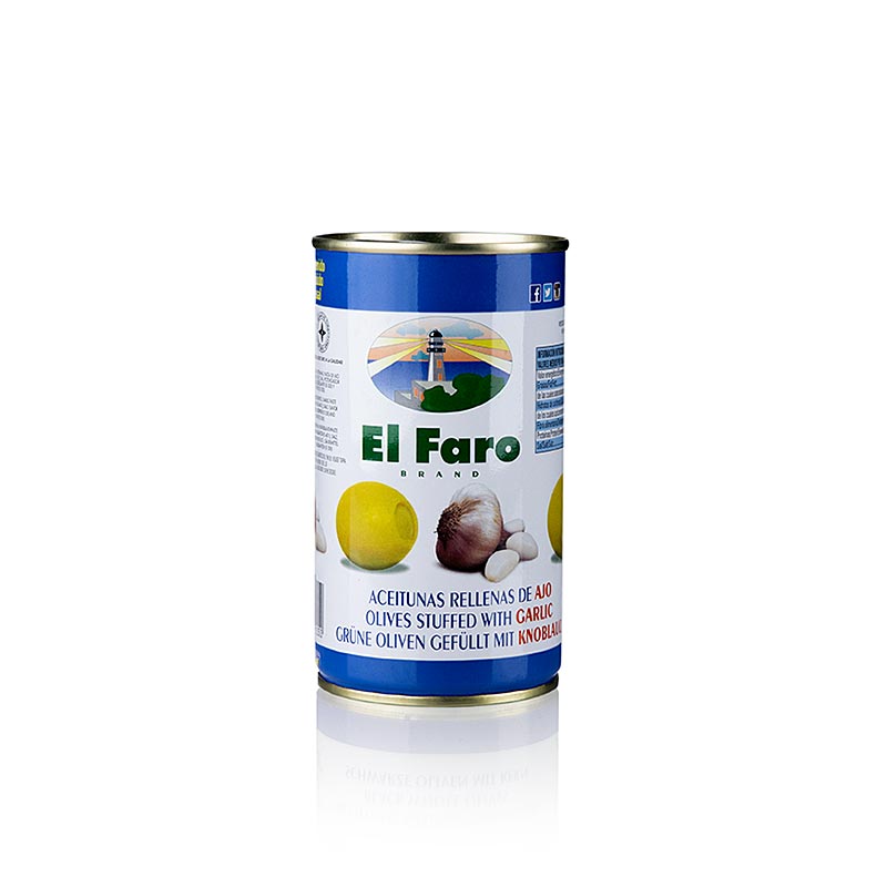 Gröna oliver, urkärnade, med vitlökspasta, i saltlake, El Faro, 350 g