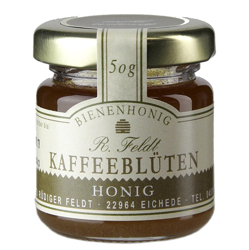 Imkerei Feldt Kaffebloms-honung, mörk, krämig, mild och finaromatisk, portionsglas, 50 g
