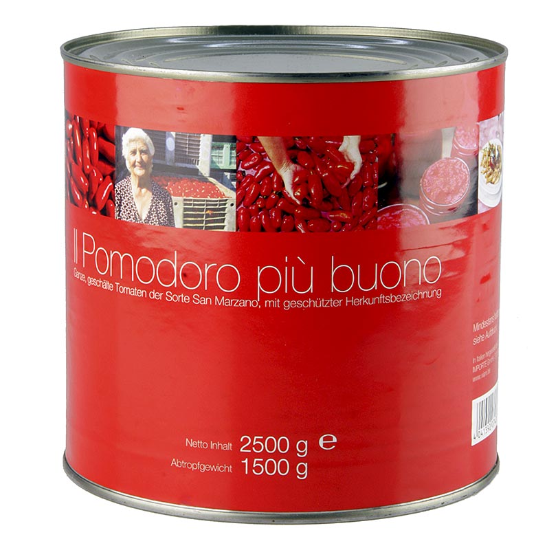 San Marzano-tomater, hela, röda, skalade, Kampanien, Italien, 2,5 kg