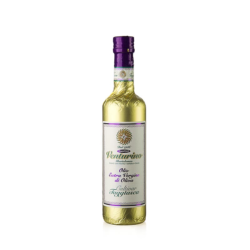 Extra jungfruolja, Venturino, 100 % Taggiasca-oliver, guldfolie, 500 ml
