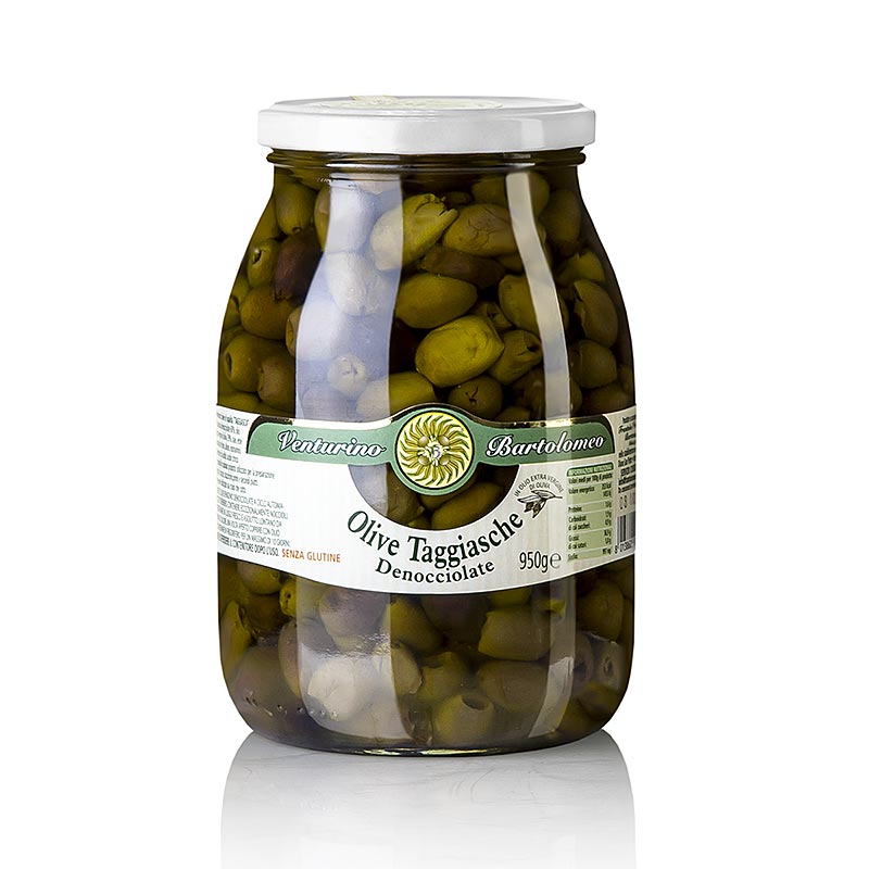 Olivblandning, gröna och svarta Taggiasca-oliver, urkärnade, i olja, Venturino, 950 g