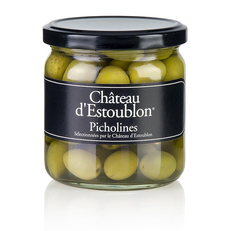 Gröna oliver, med kärna, Picholine-oliver, i lak, Chateau d´Estoublon, 350 g