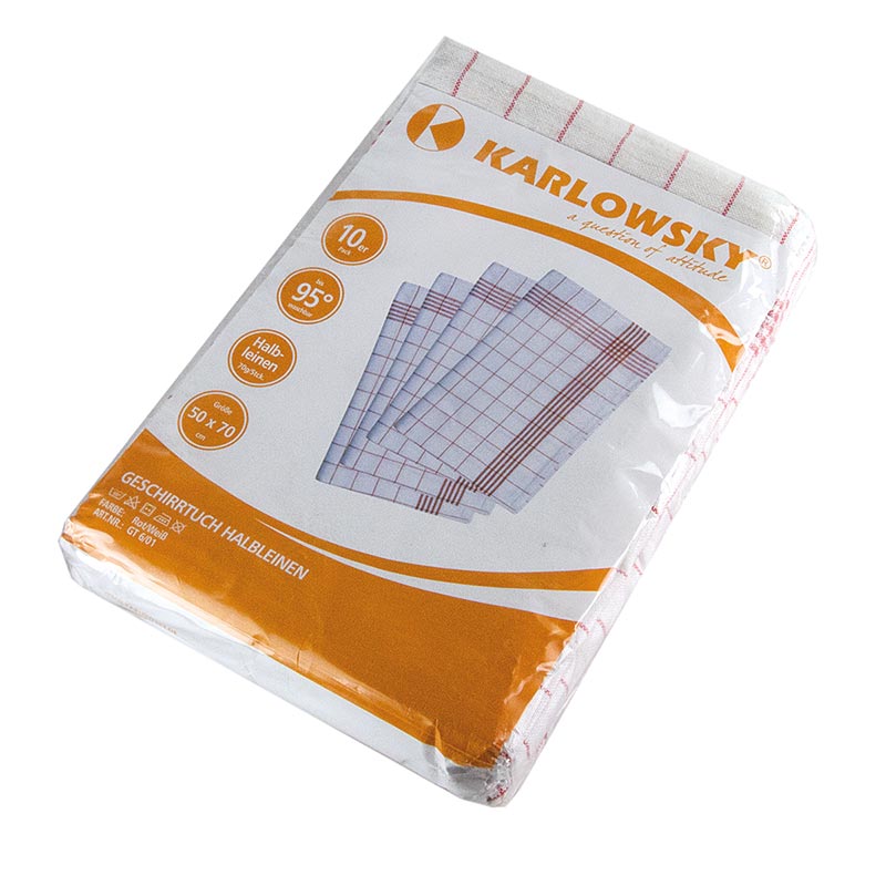 Diskhandduk röd/vit, 50x70 cm, halvlinne, 10-pack, Karlowsky, 10 st