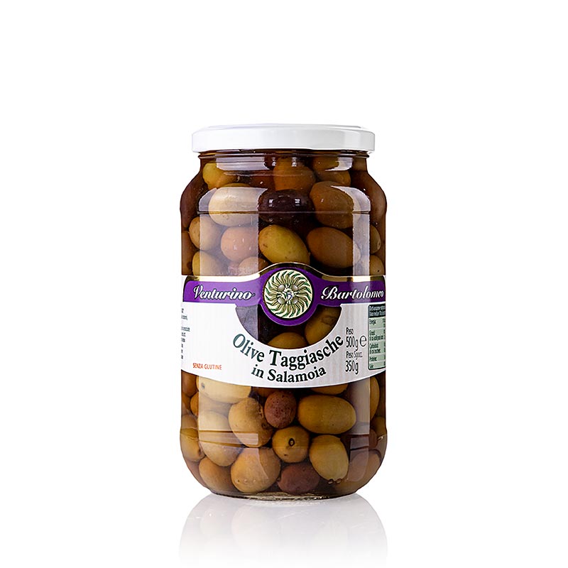 Olivblandning, gröna & svarta Taggiasca-oliver, med kärna, i saltlake, Venturino, 500 g