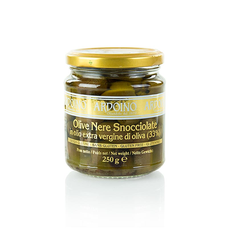 Svarta oliver, urkärnade (Snocciolate), i olivolja, Ardoino, 250 g
