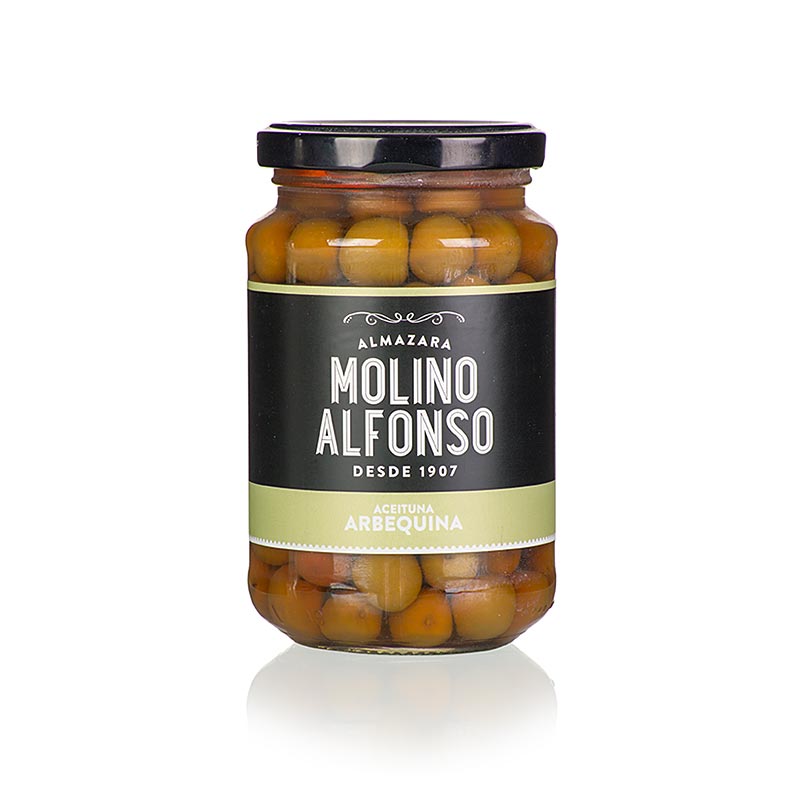 Gröna oliver, med kärna, Arbequina, i saltlake, Molino Alfonso, 355 g