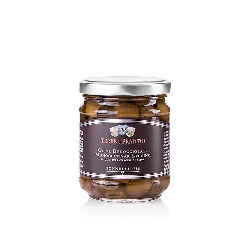 Svarta oliver, urkärnade (Denocciolate), i olivolja, Terre e Frantoi Gonnelli, 180 g