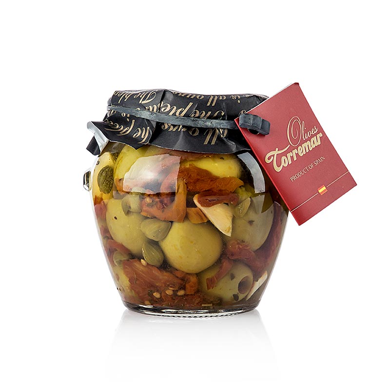 Gröna oliver, urkärnade, Gordal, med tomat/kapris, Torremar S.L., 580 g
