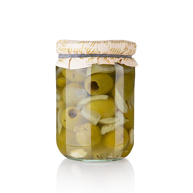 Gröna oliver, urkärnade, Gordal, med lök, Torremar S.L., 580 g