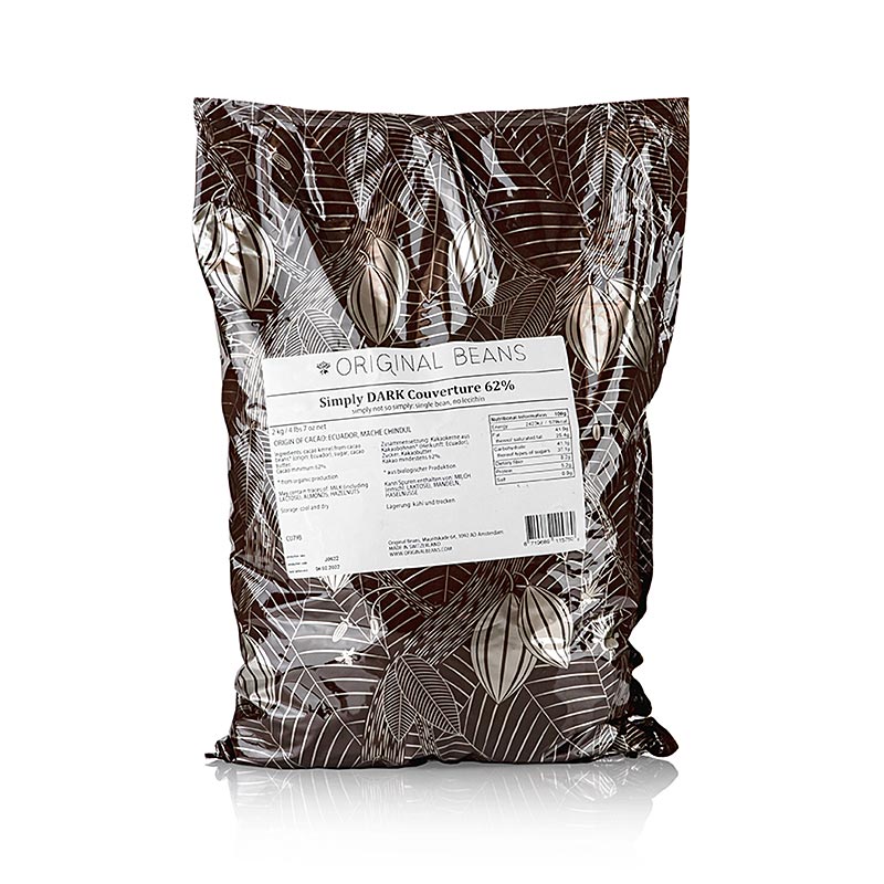 Couverture Simply Dark 62 % kakao, bitter, droppar, Original Beans, vegansk, 2 kg