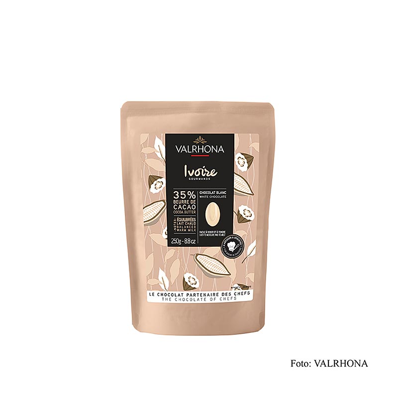 Valrhona Ivoire, vit choklad, callets, 35 % kakaosmör, 250 g