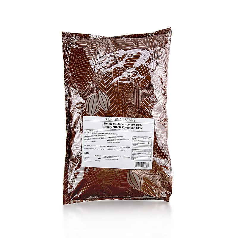 Couverture Simply Milk 40 % kakao, helmjölk, droppar, Original Beans, 2 kg