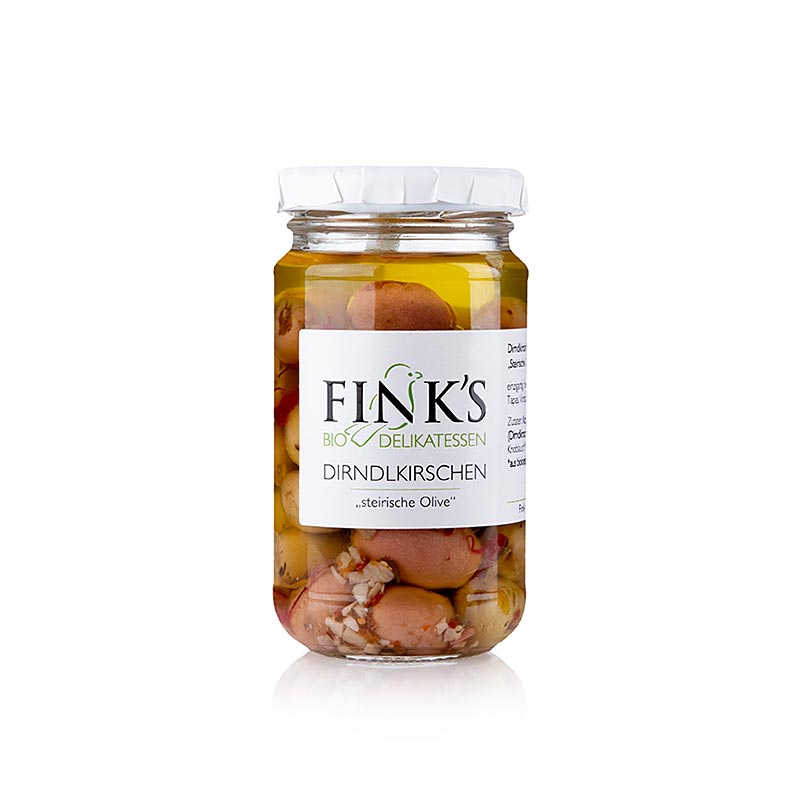 Dirndlkörsbär, inlagda kornelkörsbär, Finks Delikatessen, ekologisk, 180 g