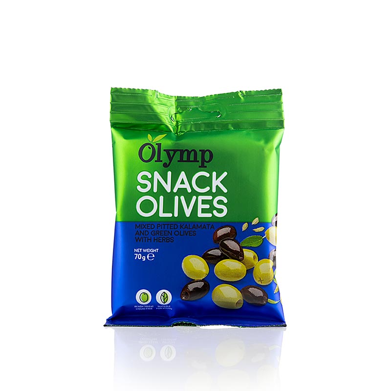 Snackoliver, Kalamata & gröna oliver, urkärnade, med örter, 70 g