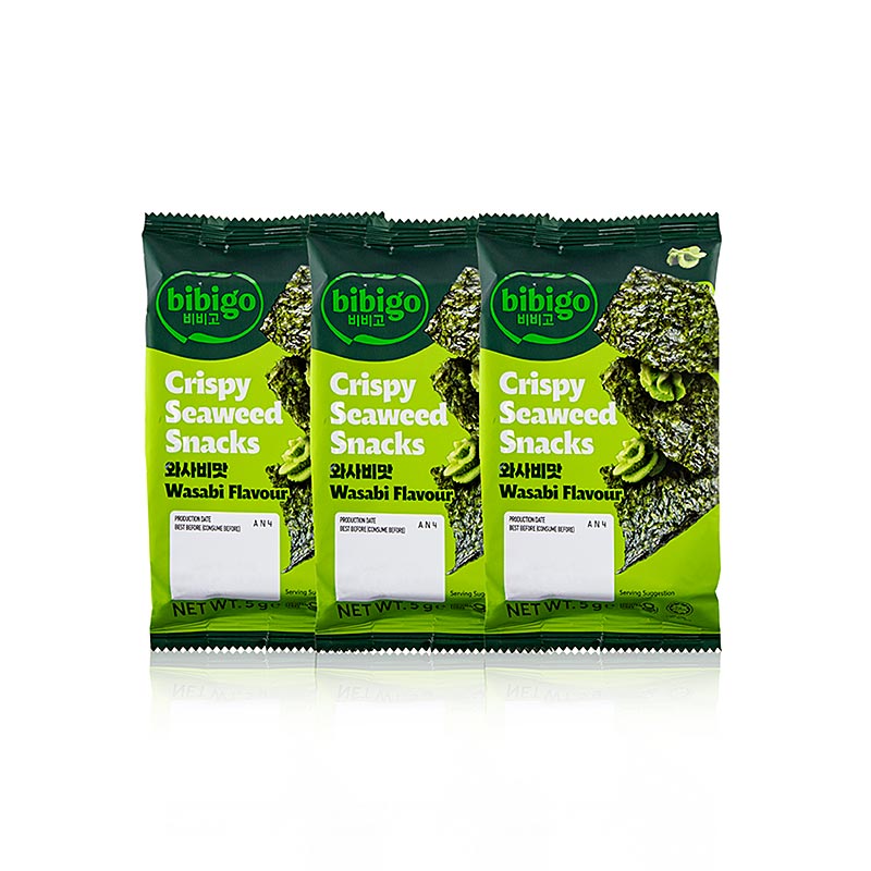 Seetang Snack Wasabi Flavour, krispiga tångblad, Bibigo, 15 g