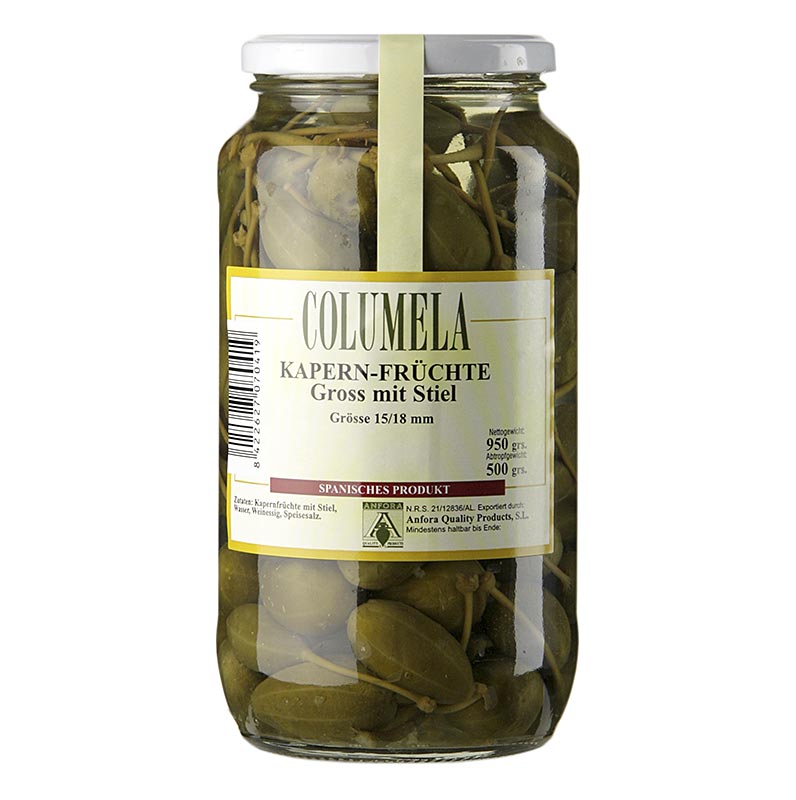 Kaprisfrukter, medelstora, med stjälk, ø 15–18 mm, Columela, 950 g