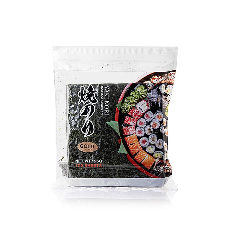 Yakinori halvstorlek, torkade algblad, rostade, guld, 125 g, 100 blad
