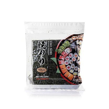 Yakinori halvstorlek, torkade algblad, rostade, guld, 125 g, 100 blad