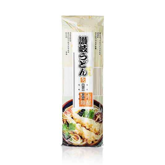 Udon – vetepasta, ljus, platt, 3 mm, ca 24 cm lång, Kubota, 250 g