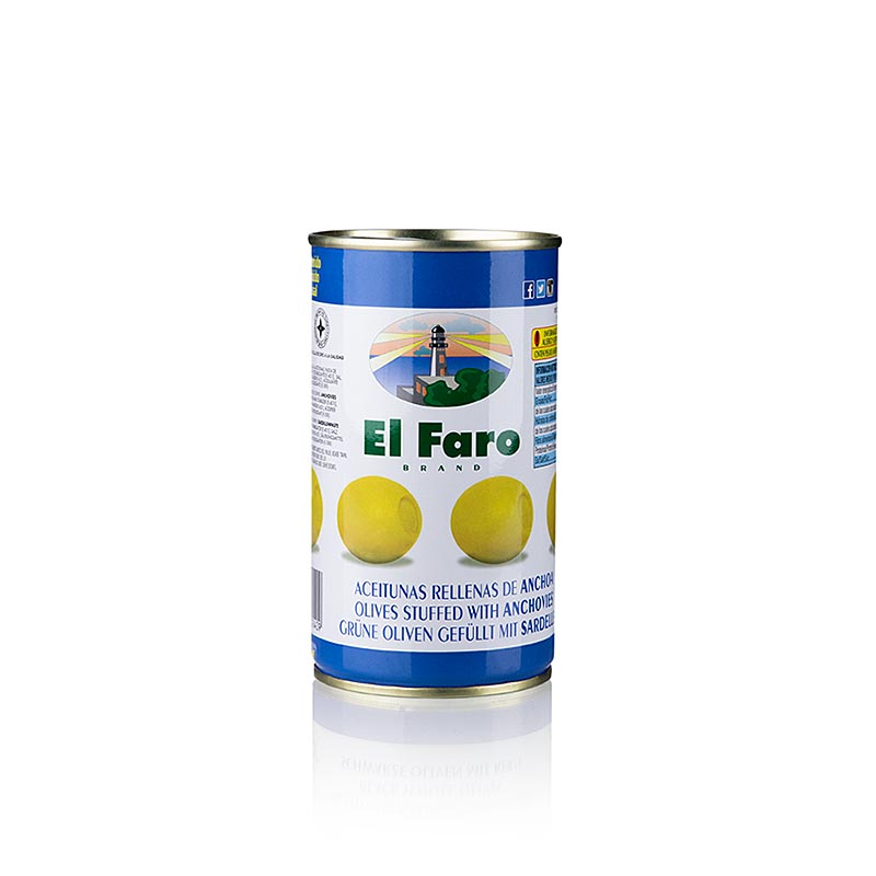 Gröna oliver, urkärnade, med ansjovis (ansjovisfyllning), El Faro, 350 g