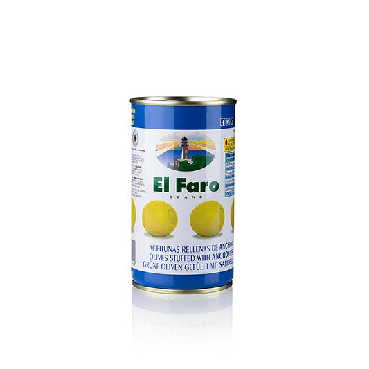 Gröna oliver, urkärnade, med ansjovis (ansjovisfyllning), El Faro, 350 g