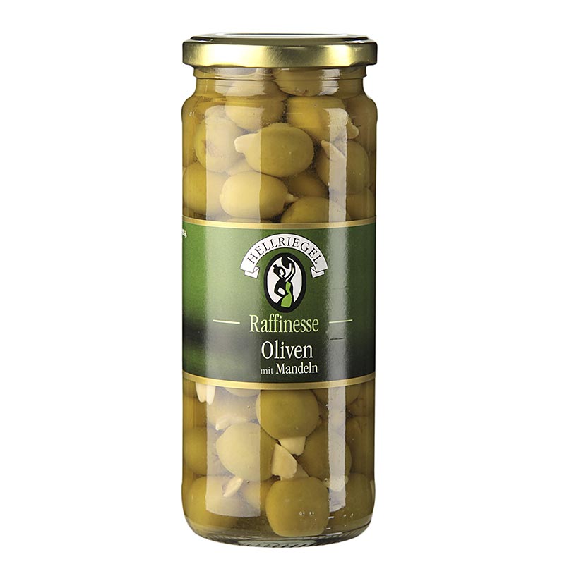 Hellriegel Gröna oliver, urkärnade, med mandel, i saltlake, 440 g