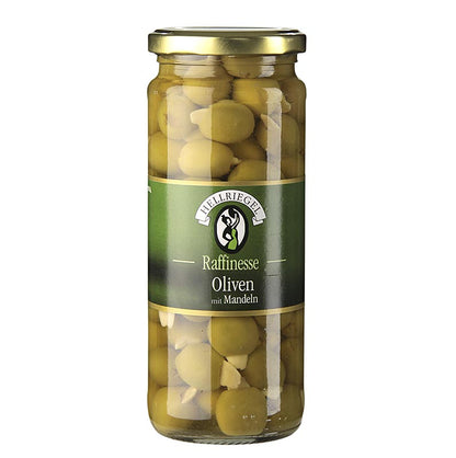 Hellriegel Gröna oliver, urkärnade, med mandel, i saltlake, 440 g