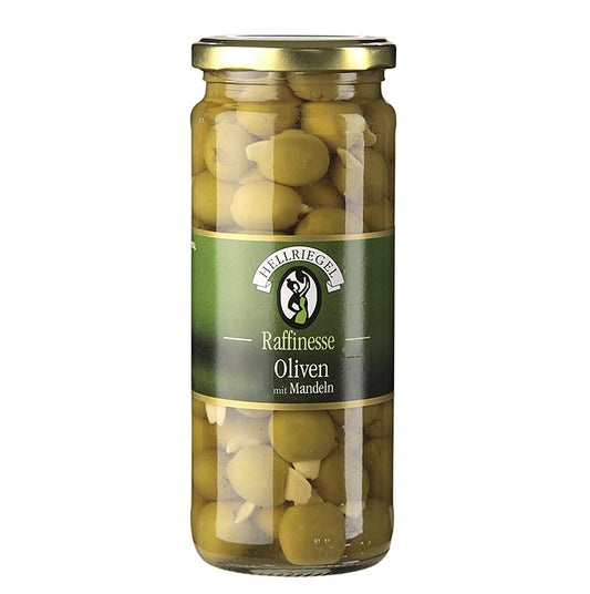 Hellriegel Gröna oliver, urkärnade, med mandel, i saltlake, 440 g