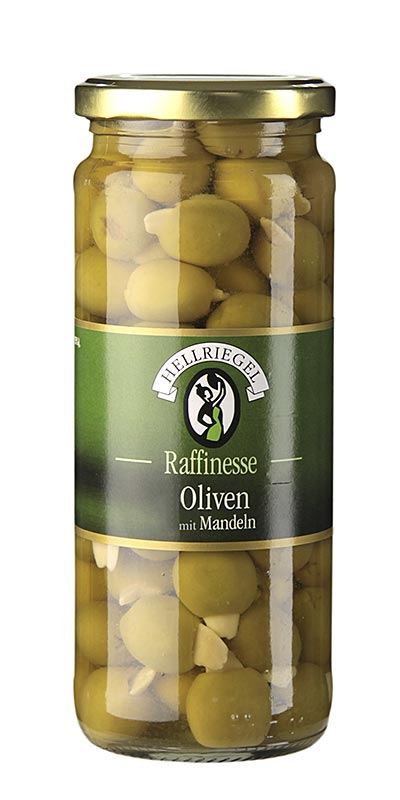 Hellriegel Gröna oliver, urkärnade, med mandel, i saltlake, 440 g