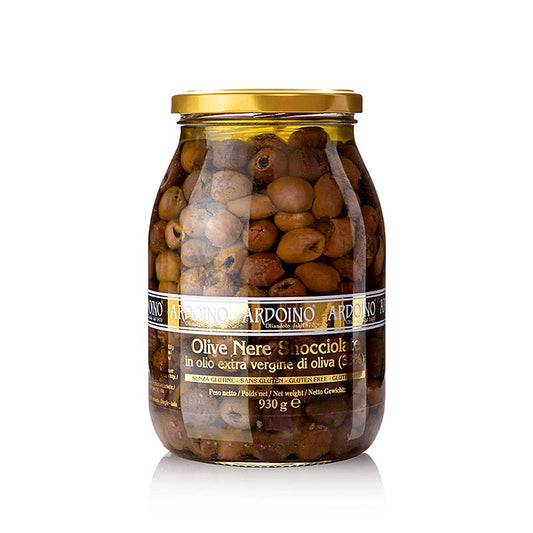 Svarta oliver, urkärnade (Snocciolate), i olivolja, Ardoino, 930 g
