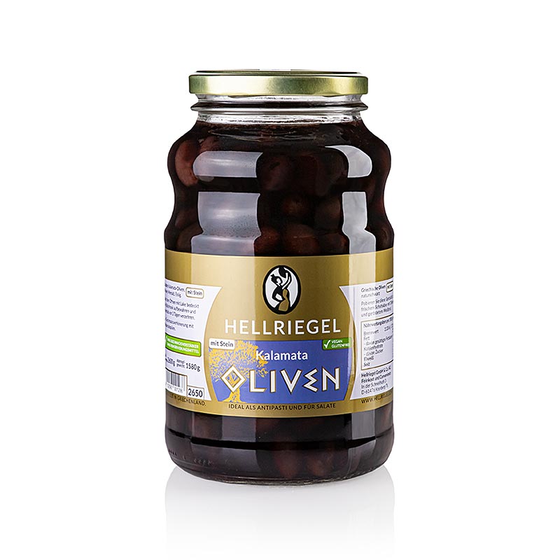 Svarta oliver, med kärna, Kalamata-oliver, extra stora, i saltlake, Jardinelle, 2,6 kg