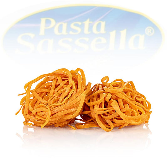 Färska tagliarini med tomat, röda, bandnudlar, 3 mm, Sassella, 500 g