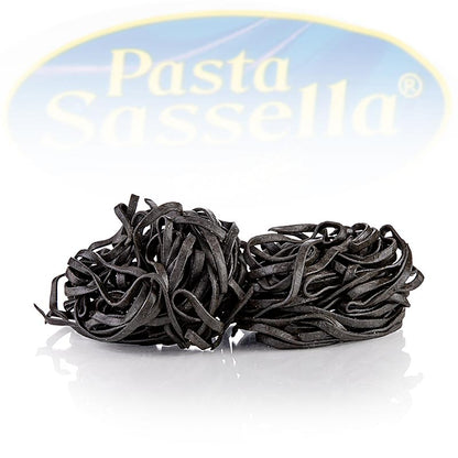 Färska tagliarini med bläckfiskbläck, svarta, bandnudlar, 4 mm, Sassella, 500 g