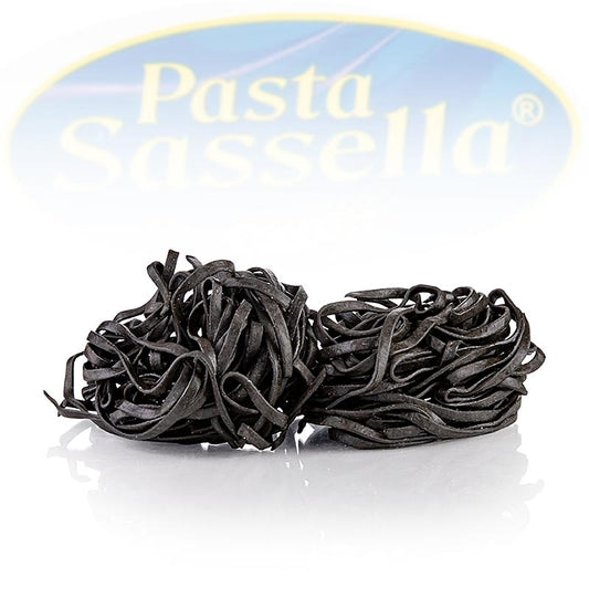 Färska tagliarini med bläckfiskbläck, svarta, bandnudlar, 4 mm, Sassella, 500 g