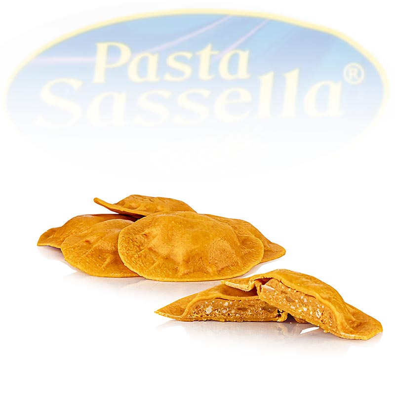 Färska agnolotti med tomat- och mozzarellafyllning, runda och röda, Sassella, 500 g
