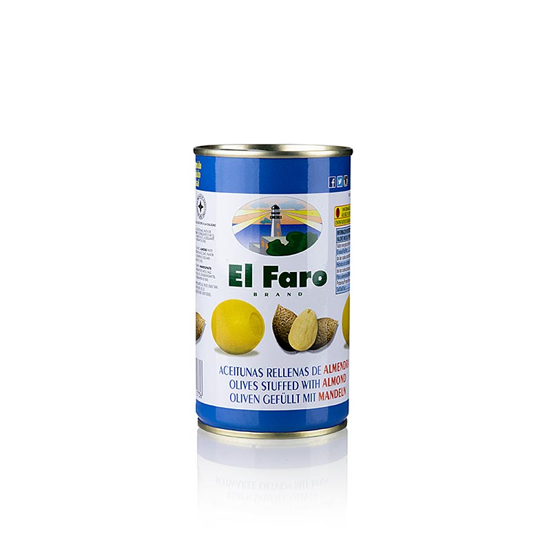 Gröna oliver, urkärnade, med mandlar, i saltlake, El Faro, 350 g