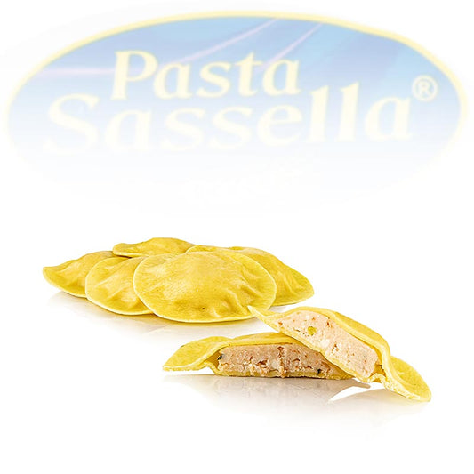 Färska agnolotti med laxfyllning, runda och ljusa, Sassella, 500 g