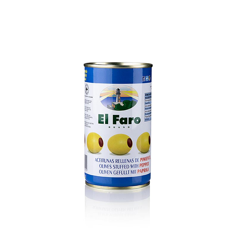 Gröna oliver, urkärnade, med paprikapasta, i saltlake, El Faro, 350 g