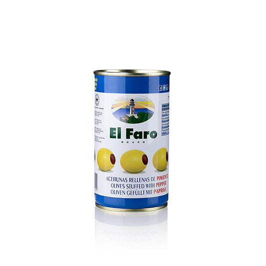 Gröna oliver, urkärnade, med paprikapasta, i saltlake, El Faro, 350 g