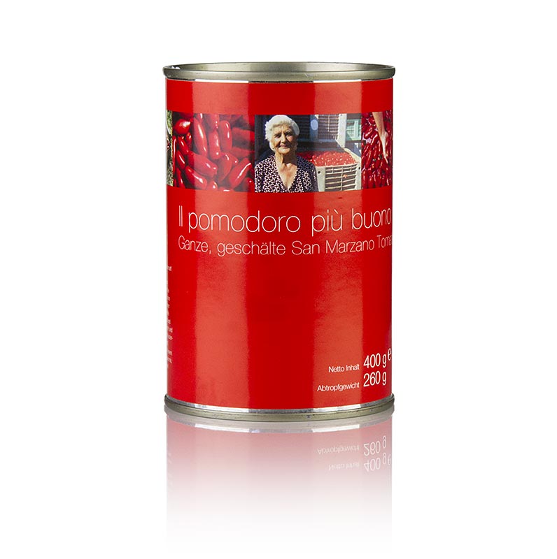 San Marzano-tomater, hela, röda, skalade, Kampanien, Italien, 400 g