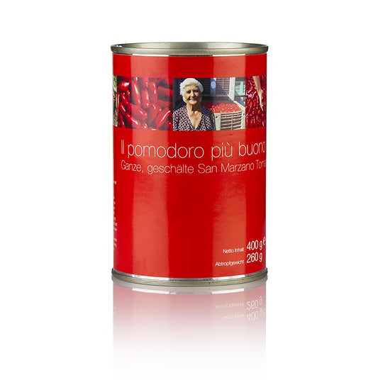 San Marzano-tomater, hela, röda, skalade, Kampanien, Italien, 400 g