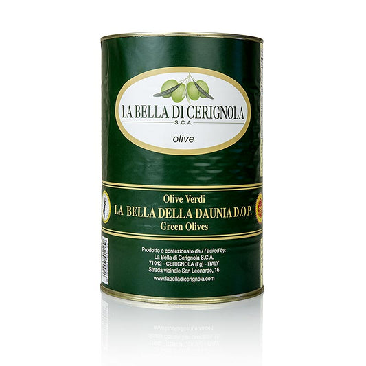 Gröna jätteoliver, med kärna, "Bella di Cerignola", i lak, 4,25 kg