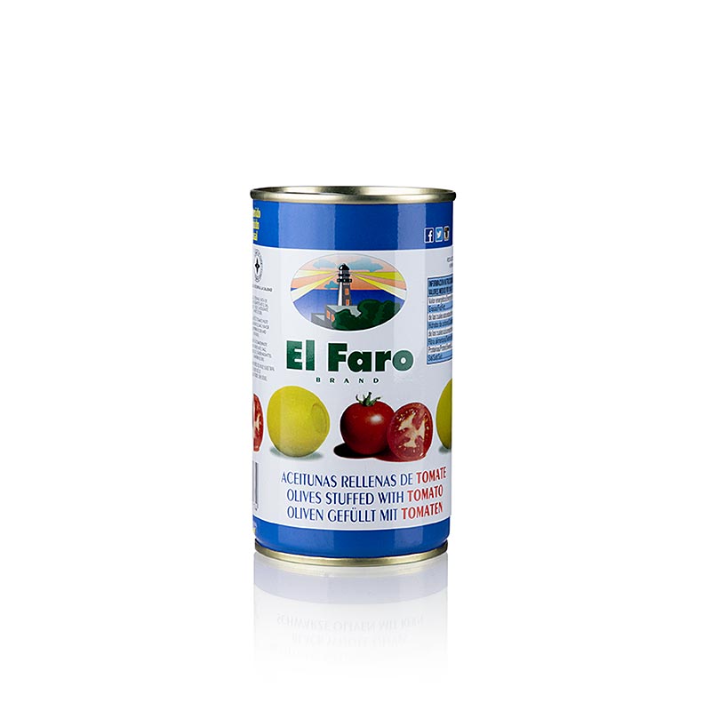 Gröna oliver, urkärnade, med tomat, i saltlake, El Faro, 350 g