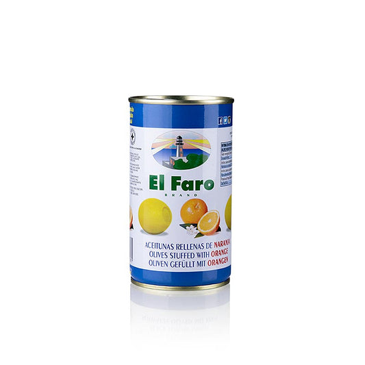 Gröna oliver, urkärnade, med apelsinpasta, i saltlake, El Faro, 350 g